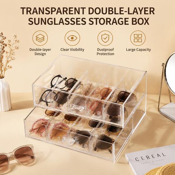 1pc Clear Acrylic Double Layer Fashion Glasses Organizer Stackable High Capacity Dustproof Eyeglass Storage Box Gift