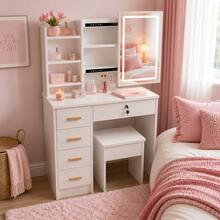 Compact Vanity Desk With Mirror & Lockable Cabinet, 3-Tier Makeup Table With Storage Shelves For Bedroom, Modern Nordic Space-Saving Dressing Table 80*40*130cm - Square Mirror Dressing Table - View 10