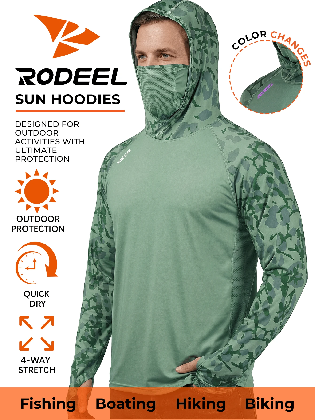 RODEEL 男士連帽衛衣附面罩 - 柔軟輕盈 - 適合戶外釣魚、划船、徒步、屋頂工程、木工、建築與景觀美化 - 綠色 - 查看 1