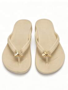 Sandal Jepit Wanita Berhiaskan Kupu-kupu Rhinestone, Sol Tebal EVA Ringan Anti Selip, Sandal Pantai Musim Panas Tahan Air - Khaki - View 2