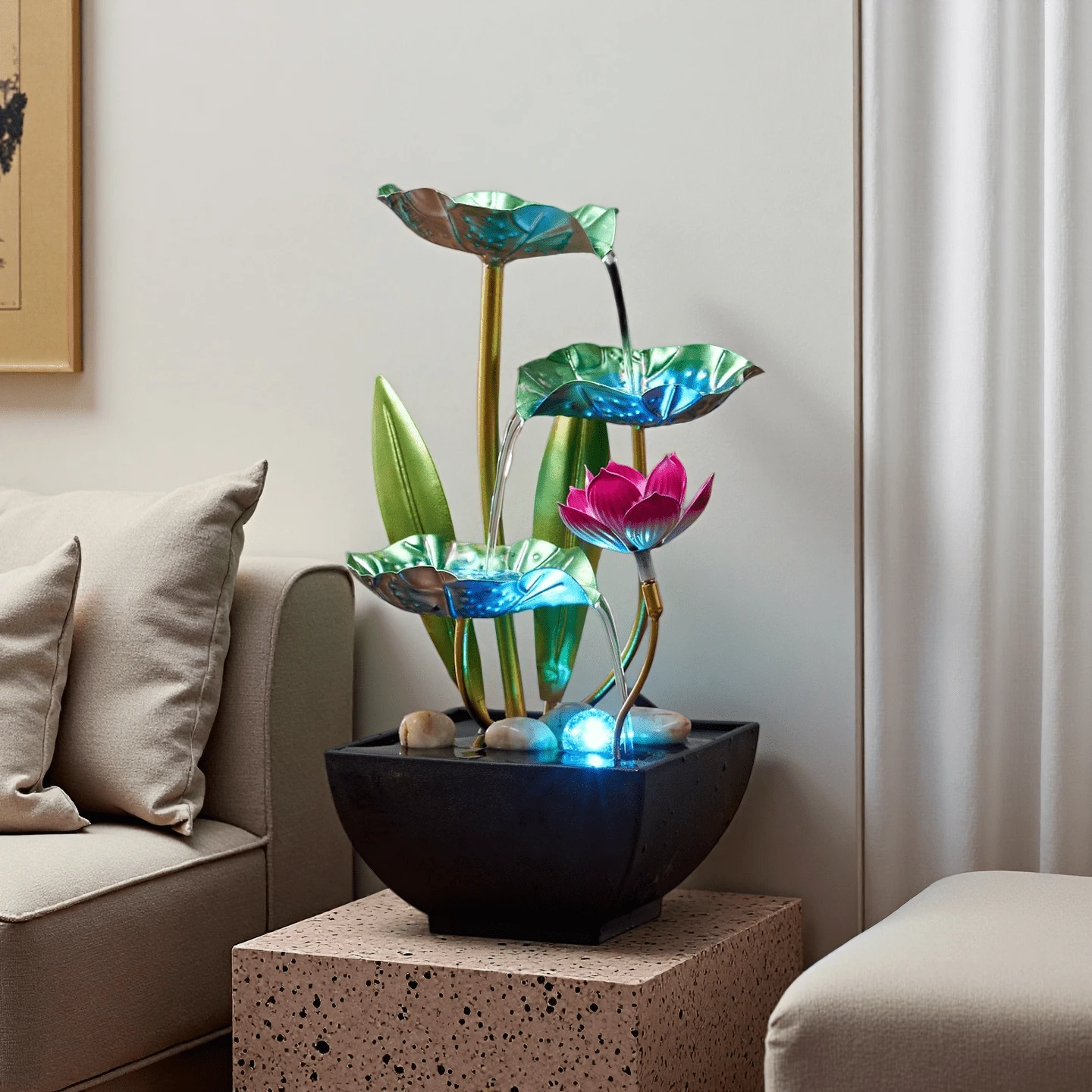 Creative Waterfall Fountain Indoor Fountain Bedroom TV Cabinet 3-Tier Zen Lotus Desk Office Table Home Decor Craft