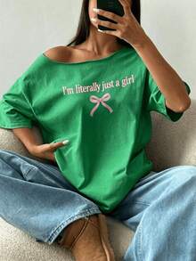 200g Cotton  1 Piece Loose Fit T-Shirt With Off-The-Shoulder Neckline, Slogan And Butterfly Details, Oversized Style Y2K, Pink Graphic T-Shirt For Women - 綠色 - 查看 5