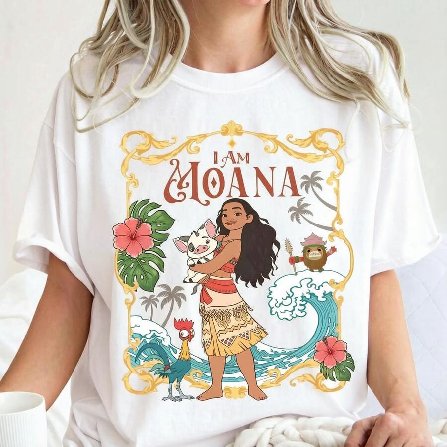 Disney Officially Licensed Women Pure Cotton T-Shirt, Vintage Moana Tee Pua Heihei Kakamora Polynesian Ocean Cartoon Daily Short Sleeve - 白色 - 查看 1