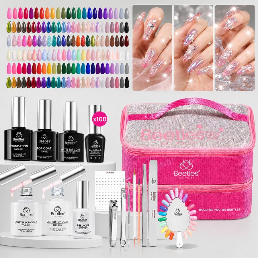 BEETLES 119PCS 100 Colors 5ML Gel Polish Kit Nail Nook Gel Nail Polish Set - Base Glossy Matte Glitter Top Coat Glitter Pearl Cat Eye White Red Pink Nude Uv Led Nails Easter Gift For Women - 100 Colors Gel Nail Polish Set-B - 查看 1