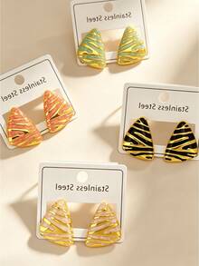 4 Pairs Elegant Style Stainless Steel Triangle Enamel Gold Earrings, Geometric Pattern Vintage Exquisite Office Earrings. Simple Fashion Stainless Steel Earrings Suitable For Women's Daily Wear, Also A Great Gift For Female Friends. (Optional 1/4) - Multicolor - View 2