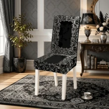 1/4/5/6/7 pezzi Set di coprisedia/coprisedia con stampa a motivo barocco nero & argento, adatto per interni domestici, ristoranti, hotel, scelta ideale per la decorazione quotidiana moderna. Tovaglia adatta per tavolo da pranzo quadrato, coprisedia elastico lavabile. - Multicolore - Visualizzare 8
