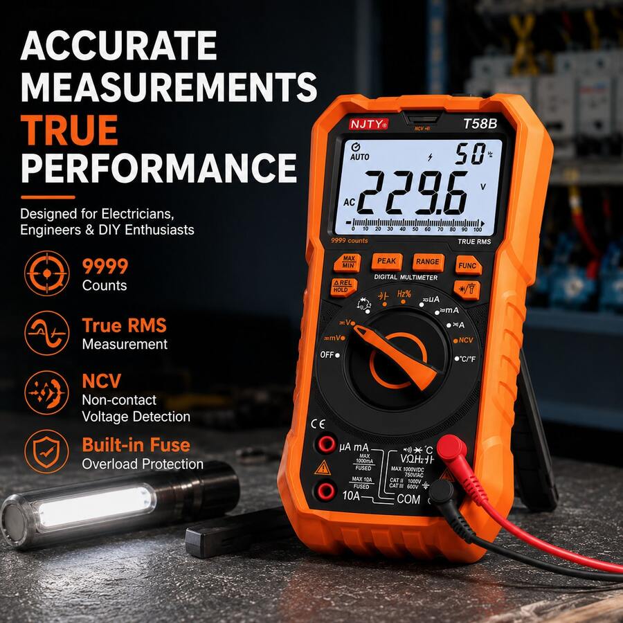 NJTY Digital Multimeter True Auto-Ranging Dual Display Non-Contact Voltage Tester 80° Support Bracket Voltage Temperature Frequency Meter For Automotive Industrial Home Appliance Repair