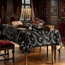 1/4/5/6/7 pezzi Set di coprisedia/coprisedia con stampa a motivo barocco nero & argento, adatto per interni domestici, ristoranti, hotel, scelta ideale per la decorazione quotidiana moderna. Tovaglia adatta per tavolo da pranzo quadrato, coprisedia elastico lavabile. - Multicolore - Visualizzare 4