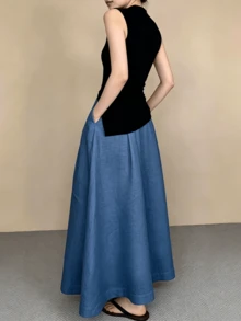女款白色裙子，優雅休閒街頭風，春夏穿搭，青春優雅，成熟女性魅力，復古度假風口袋裙 - 藍色 - 查看 4