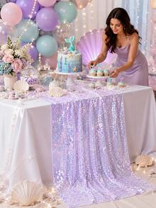 Purple Iridescent Sequin Table Runner 12x72 Inches, Mermaid Party Glitter Table Runner, Reusable Shiny Sequin Table Runner, Suitable For Underwater Birthday, Baby Shower, Wedding Decoration - Purple - View 6