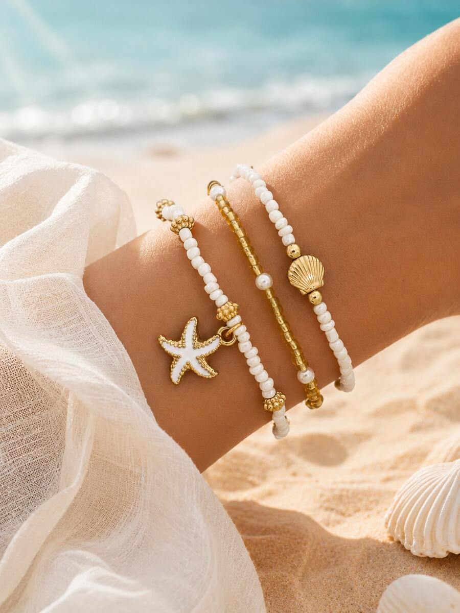 Bộ 3 vòng tay hạt trai và vỏ sò phong cách Bohemian kèm mặt dây chuyền hình sao biển dành cho nữ, màu ngọc trai được phối ngẫu nhiên - Nhiều màu - Xem 1