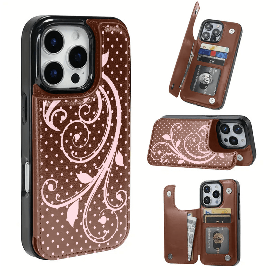 Funda de teléfono - La funda de teléfono de TPU con un diseño de enredaderas de niebla rosa no solo es práctica, sino que también incluye una ranura para tarjetas y varias funciones para tarjetas bancarias y de tránsito. Se adapta al 16 Pro Max, 16, 15 Pro, 14 Plus