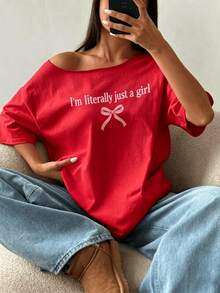 200g Cotton  1 Piece Loose Fit T-Shirt With Off-The-Shoulder Neckline, Slogan And Butterfly Details, Oversized Style Y2K, Pink Graphic T-Shirt For Women - 紅色 - 查看 5