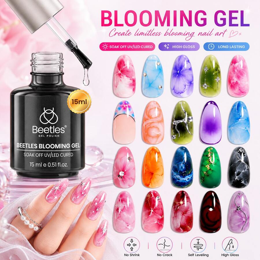 Beetles Blooming Gel 15ml Clear Uv Led Blossom Nails Gel Polish For Spreading Effect Marble Natural Stone Watercolor Floral Print Soak Off Diy Nail Art Design Manicure Gift For Women - View 1