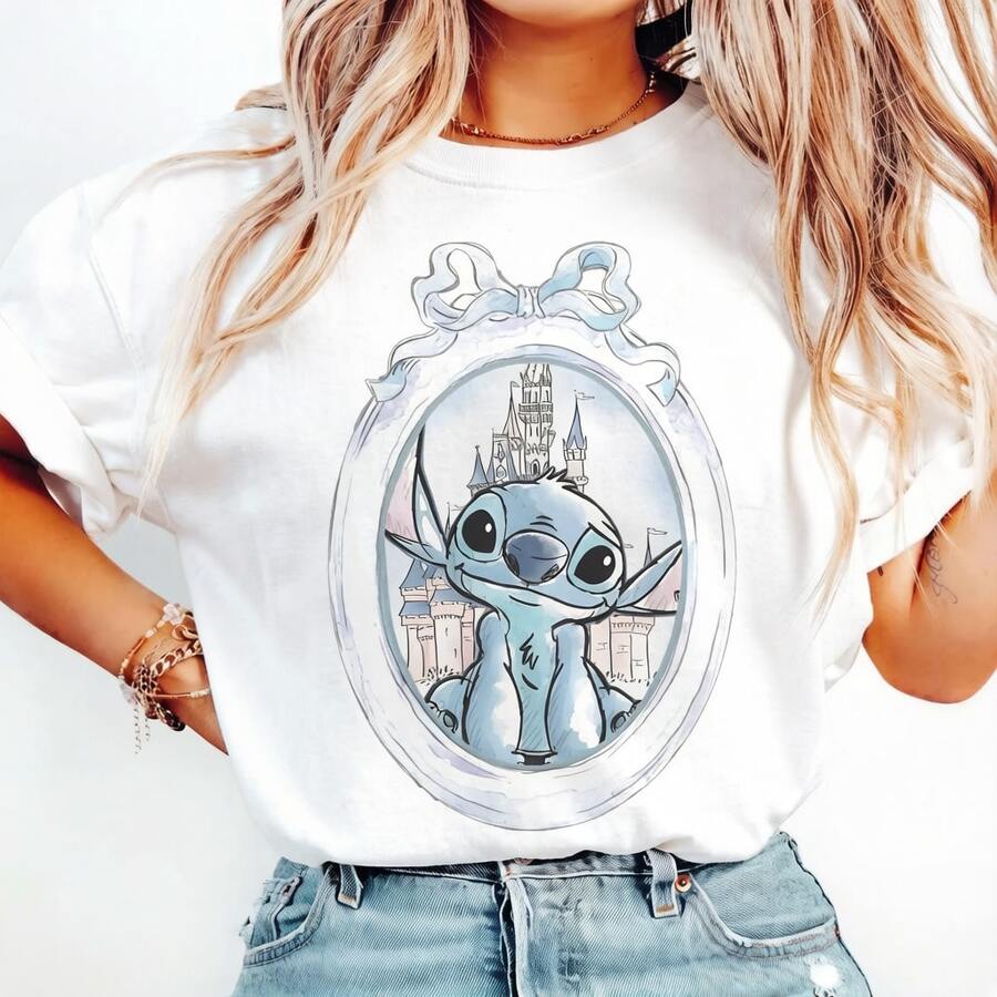 Officially Licensed Disney Lilo & Stitch Cotton Tee, Pastel Bow Oval Frame Stitch Magic Castle Watercolor Print White Women Casual Short Sleeve Top - 白色 - 查看 1