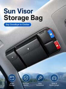 PU Leather Car Sun Visor Organizer, Multi-Pocket Storage Bag Suitable For Fashion Glasses, Cards And Driver's License, Essential Practical Interior Accessory For Cars - A - View 3