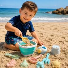 11 pezzi Set divertente per bambini di secchio e setaccio pieghevoli, secchio portatile e pieghevole per spiaggia, sabbia, giochi d'acqua - Multicolore - Visualizzare 3