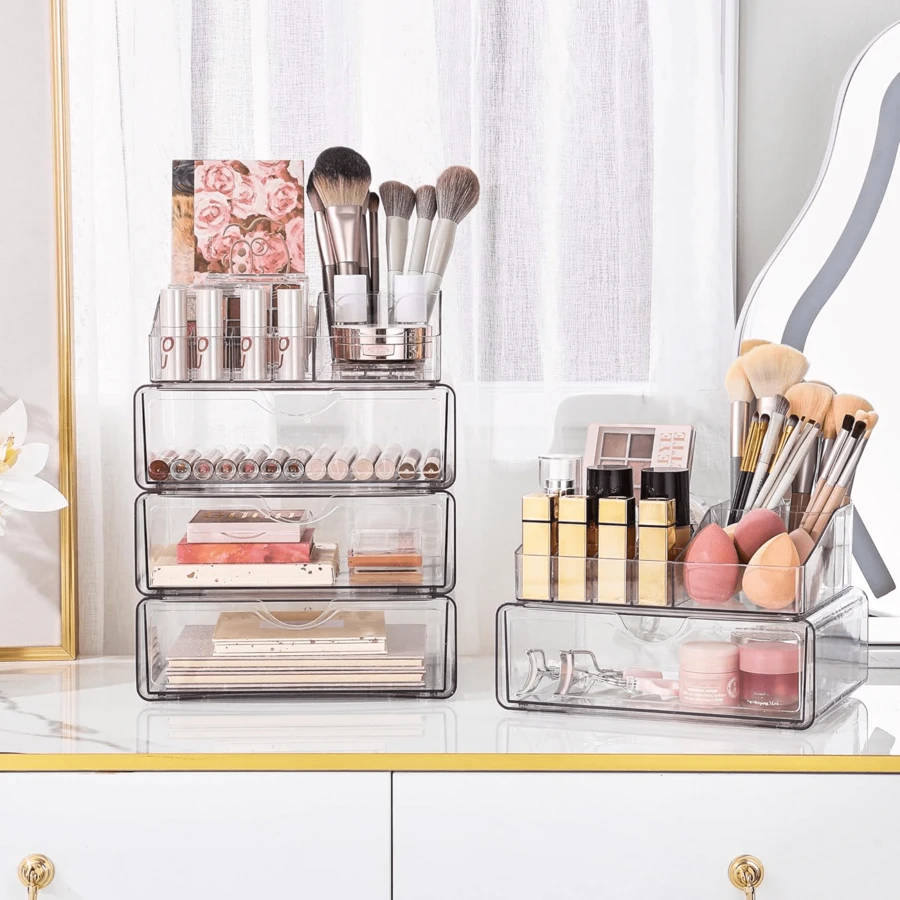 3-Tier Clear Makeup Organizers With Drawers, Acrylic Cosmetic Storage For Dresser Countertop And Bathroom Vanity, Tiered Countertop Storage Organizer, Beauty Holder For Brushes, Eyeshadow Palettes, & Beauty Supplies