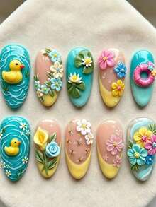 10 piezas de uñas postizas estilo dulce Y2K con diseño 3D de pato amarillo, flor y libélula, efecto iluminador, versátiles para uso diario - Amarillo - Ver 2