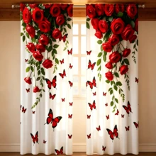 2 pièces Rideaux imprimés unilatéraux de roses rouges et papillons, style romantique de luxe, rideaux imprimés plats 2D, tissu 100% polyester, translucide, sans doublure, 90g/M², rideaux floraux, convient pour la décoration du salon, de la chambre, du balcon et des fenêtres, rideaux à poche pour tringle, rideaux uniquement, accessoires non inclus - Multicolore - Voir 6