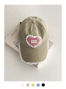 Women's Soft Top Lace Trim Heart Baseball Cap, Sweet Distressed Wide Brim Baseball Cap, Large Head Circumference Face-Slimming Niche Heavy-Duty Original Heart Plaid Embroidered Baseball Cap - Love Grid - View 9