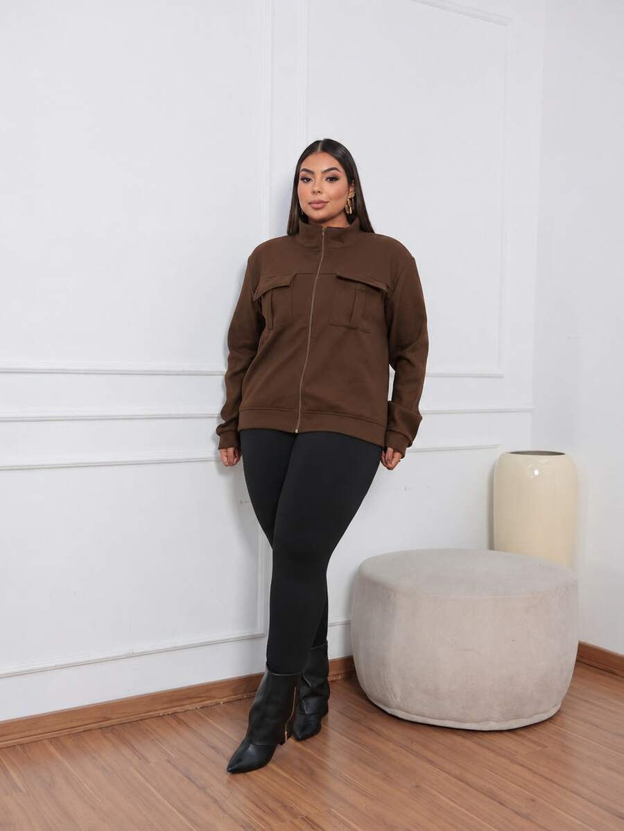 Women's Wool Coat With High Neck, Zipper And Pockets, Casual Winter - 鏽棕色 - 查看 1