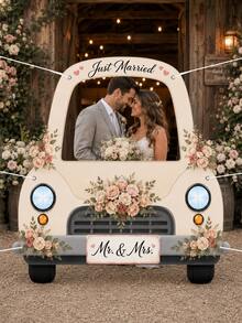 1pc-Just Married Photo Booth Frame, Wedding Car Selfie Frame Backdrop Cutout, Romantic Rose Floral Picture Prop Banner For Bridal Shower Engagement Party Decor - 1pc - View 4