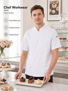 White Short Sleeve Chef Uniform - Polyester, Machine Washable Fabric, Solid Color Stand Collar Design, Suitable For Kitchen, Bakery, Restaurant, School Cafeteria Chef Accessories - White - View 5