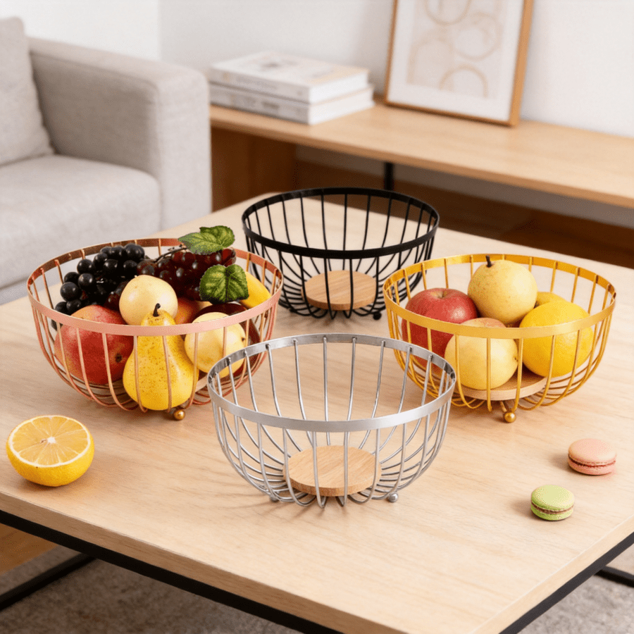 Cesta de frutas de alambre de hierro, soporte de almacenamiento multifuncional para el hogar, 4 tonos elegantes, - revestimiento, malla hueca ventilada, se adapta a encimeras de cocina, mesas de café, buffets, estantes de dormitorio para frutas, pan, aperitivos & artículos compactos del hogar