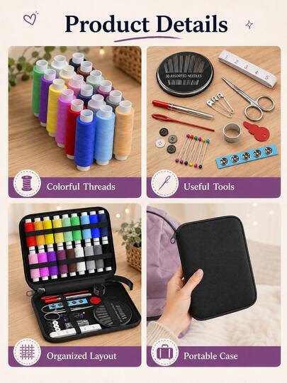 Portable Adult Sewing Kit (1 Set) - Includes Thread, Needles, Scissors, Measuring Tape, Buttons, Thimble, Etc. Suitable For Emergency Repairs And DIY Craft Projects During Travel. An Ideal Gift For Friends, Family, Students And Related People