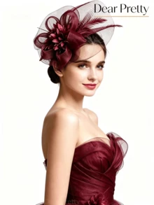 1pc Burgundy Women's Mesh Fascinator Hat With 3D Flower, Exquisite Mesh + 3D Flower Design, Suitable For Weddings, Banquets, Afternoon Tea, Evening Parties, Formal Ceremonies And Other Occasions, Elegant Vintage Style, Best Ball Hair Accessory - Burgundy - View 1