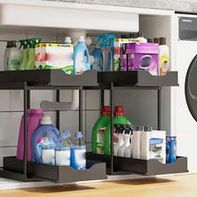 NATURAL SUMMERTIME 2-Piece Under-Sink Storage Rack, Double-Layer Sliding Design, Bathroom Cabinet Storage Box, Sliding Cabinet Drawer Storage Basket, Kitchen Accessories, Kitchen Organization Supplies, Bathroom Counter Storage Organizer With 10 Hooks. - 查看 10