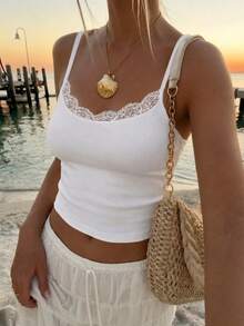VIVINA Women's Summer Solid Color Lace Trim Splice Round Neck Fitted Camisole Top White - White - View 1