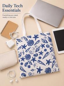 Ocean Print Canvas Laptop Accessory Tote Bag, Shell & Starfish Pattern Shoulder Bag, Large Capacity Computer Accessory Storage Bag, Suitable For Tablet, Charger, Data Cable, Laptop, Office And School Daily Use, School Commute, Small Gift For Family, Friends, Bestie - View 6