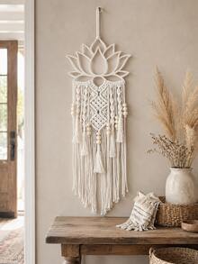1pc Bohemian Lotus Wall Hanging, White Lotus Bead Tassel Tapestry, Bohemian Lotus Wall Decor, Hand-Woven Lotus Wall Art, Minimalist Lotus Hanging For Bedroom, Living Room, Nursery, Yoga Room, Zen Decor, Meditation Room Decor, Hippie Room Decor, Soul Lotus Wall Decor, Modern Bohemian Lotus Tapestry, Handmade Lotus Wall Decor, Neutral White Lotus Wall Hanging, Bohemian Aesthetic Lotus Wall Art, Rustic Farmhouse Wall Decor - Multicolor B - View 2