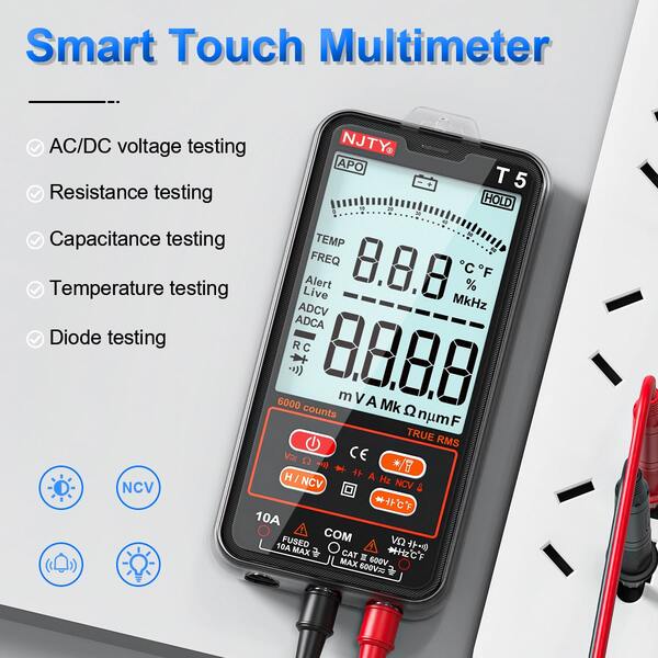 NJTY T5 digitálny multimeter s 6000 odpočítavaniami, bezkontaktný detektor napätia NCV s podsvietením a baterkou, funkcia Data Hold, meranie napätia, prúdu, odporu, teploty a frekvencie na testovanie elektrických obvodov
