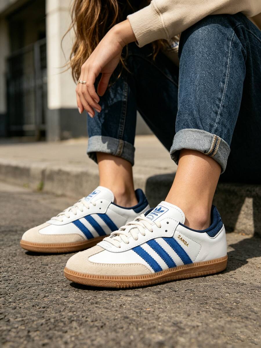 Adidas 中性 Samba OG 舒適輕量低筒休閒運動鞋，適合日常穿著、戶外運動與休閒 - 白色/藍 - 查看 1