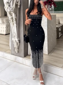 Elegant Women's Sleeveless Strapless Knit Maxi Mermaid Party Dress, Decorated With Faux Pearls And Tassels - Black - View 5
