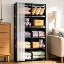 Platzsparender tragbarer Kleiderschrank mit 5 Regalböden, 10 Fächern, freistehend, staubdichter Organizer für Kleidung, Schuhe und Accessoires, mehrschichtiges mobiles multifunktionales Regal für Zuhause und Schlafzimmer - Übersicht 9