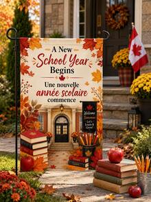 加拿大開學季庭院旗，雙面亞麻庭院旗，Hello School Year Bonjour Année 楓葉印花，戶外門廊露台草坪裝飾，教師教室歡迎橫幅，不含旗桿，學校裝飾 - C - 查看 5