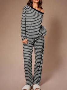 Women's Spring/Autumn Casual Pajama Set, Off-Shoulder Asymmetrical Neck Pullover Top With Simple Striped Print, Long Sleeve And Long Pants 2 Pieces Set, Slouchy High-End Loungewear - Multicolor - View 2