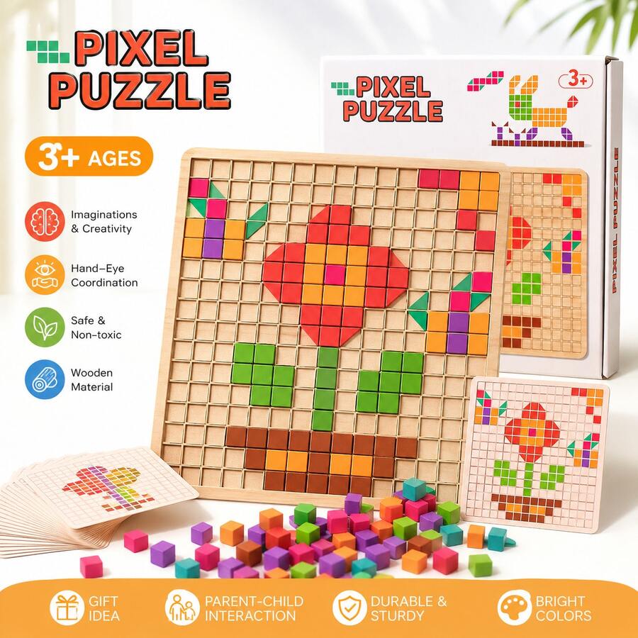 Children's DIY Pixel Puzzle - Colorful Wooden Building Game, Logic And Creativity Educational Toy, Suitable For 3+ Years Old - Multicolor - View 1
