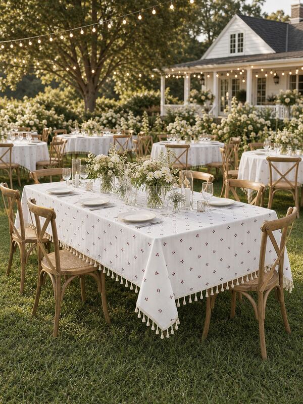 1 Piece White Cherry Print Cotton Tablecloth, 100% Cotton Fabric With Beige Tassel Trim, Rectangular Waterproof & Stain-Resistant Table Cover For Outdoor Wedding, Party & Dining, French Farmhouse Decor