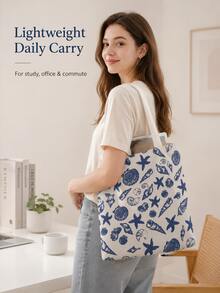 Ocean Print Canvas Laptop Accessory Tote Bag, Shell & Starfish Pattern Shoulder Bag, Large Capacity Computer Accessory Storage Bag, Suitable For Tablet, Charger, Data Cable, Laptop, Office And School Daily Use, School Commute, Small Gift For Family, Friends, Bestie - View 4