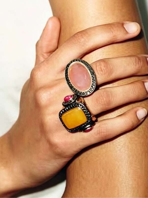 1 Set Fashion Vintage Exquisite Resin Geometric Rhinestone Ring Set, Commuter Casual Versatile Women's Jewelry