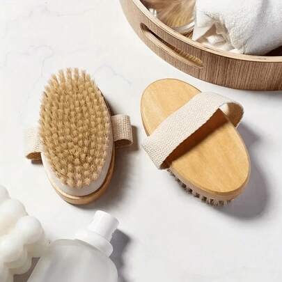 1pc Natural Boar Bristle Body Brush, Suitable For Dry Skin, Promotes Blood Circulation, Prevents Ingrown Hair, Cleans Acne And Cellulite, Suitable For Home Bathing