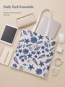 Ocean Print Canvas Laptop Accessory Tote Bag, Shell & Starfish Pattern Shoulder Bag, Large Capacity Computer Accessory Storage Bag, Suitable For Tablet, Charger, Data Cable, Laptop, Office And School Daily Use, School Commute, Small Gift For Family, Friends, Bestie - View 12