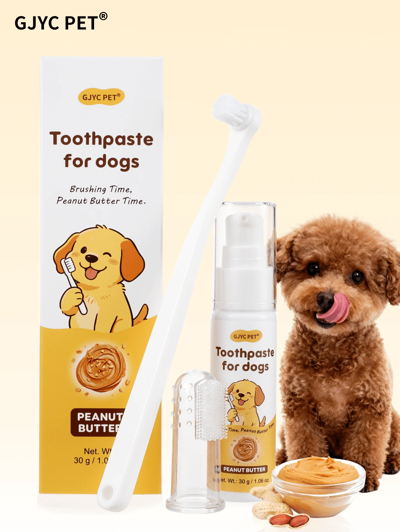 GJYC PET 3pcs Dog Teeth Care Set, Peanut Butter Flavored Enzyme Toothpaste With Toothbrush And Finger Brush, For Cleaning Teeth, Controlling Plaque And Tartar, Removing Bad Breath, Suitable For Small, Medium And Large Dogs