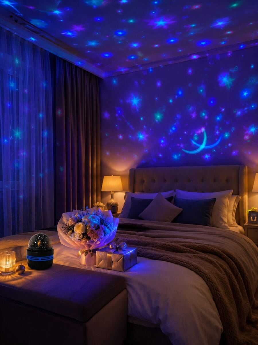 1 pieza [Luz nocturna LED] Lámpara de proyección con patrón de estrella & luna, luz de atmósfera negra mini para habitación | Adecuada para dormitorio, habitación, escritorio, decoración del hogar