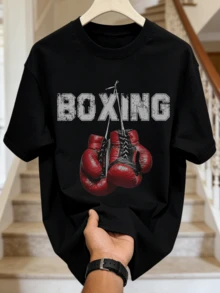 Maglietta casual estiva da uomo con collo rotondo morbido e maniche corte, stampa grafica di guantoni da boxe rossi, adatta per uso quotidiano. - nero - Visualizzare 4